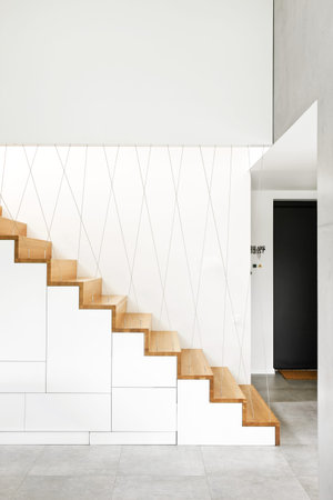 Wooden stairs in modern houseの写真素材