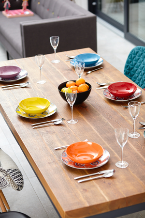 Modern dining room with dining table.  Small depth of fieldの写真素材