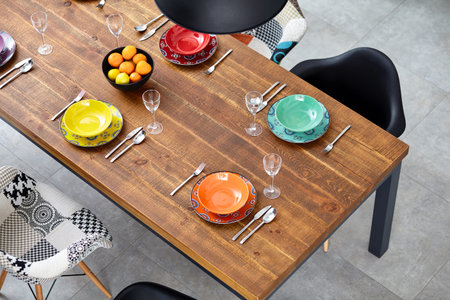 Modern dining room with dining table.  Small depth of field