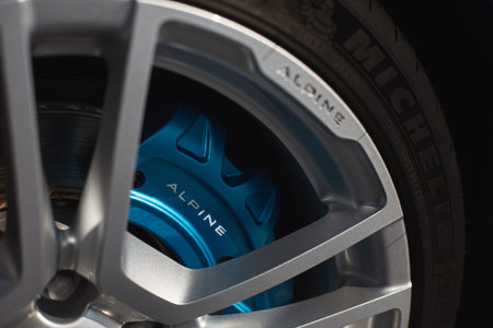 Katowice, Poland-03.23.2019: Alpine A110 aluminum wheel with MIchelin tire