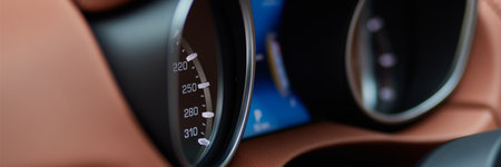 Speedometer of luxury car. The maximum speed on the speedometer is 310 km / hのeditorial素材