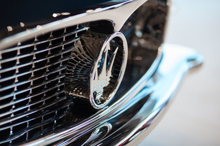 Katowice / Poland - 06/08/2019: Chromed grill of historic Maserati 3500 GT. Manufactured between 1957 and 1964. 270 hp R6 engine. Maximum speed is 235 km / h. Shallow depth of field.のeditorial素材