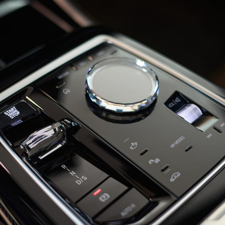 The center console of the new BMW 7 Series. The cockpit is finished in Swarovski crystals.Close up....