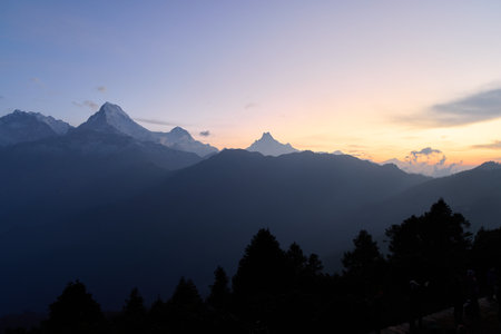 Witness the stunning colors of dawn illuminating the peaks of the Himalayas from Poon Hill in Nepal. The tranquil atmosphere creates a perfect moment for travelers and nature lovers.の写真素材