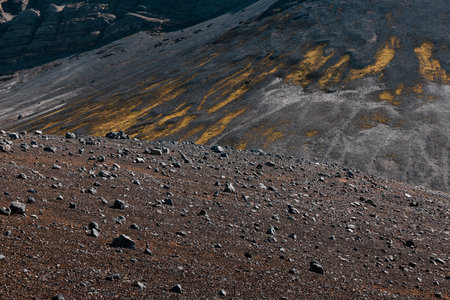 Vibrant moss contrasts against the rocky expansion of SnÃ¦fellsjÃ¶kull in Iceland. The natural beauty highlights the unique geological features and serene atmosphere of the area during middayの写真素材