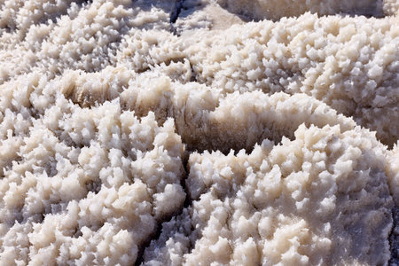 Close-up of crystalline salt formations at the Dead Sea shore. Natural mineral deposits creating...