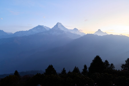 Early morning sunlight casts a soft glow on the majestic Himalayas, viewed from Poon Hill, a popular trekking spot in South Annapurna, Nepal, showcasing stunning mountain silhouettes.の写真素材