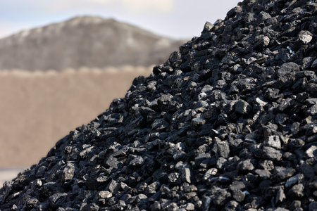 Big heads of coal and an excavator is in the backgroundの写真素材