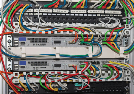 Network cables plugged into an ethernet switch in a rack