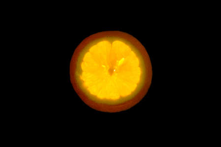 Retro-illuminated orange slice over a pure black backgroundの写真素材