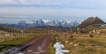 Landscape with snowy mountains in Cantabria, Spainの写真素材
