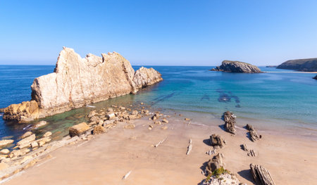 Beautiful view of beach, sea and rocks in Cantabria, north of Spain