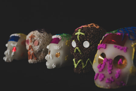 Traditional Sugar / Amaranth candy Mexican skull, Day of the Dead, Black background, selective focusの写真素材