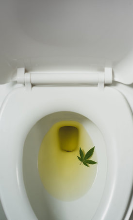 close up of a cannabis marijuana plant leaf at the urinated toilet, positive drug test conceptの写真素材