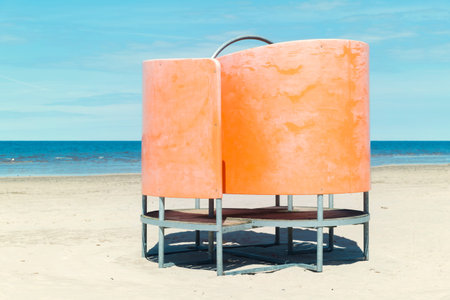 Dressing cabin on the beach. Beach-style changing roomの写真素材
