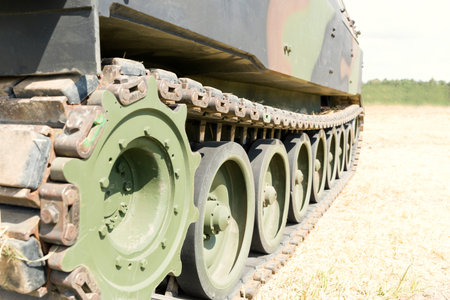 Heavy military equipment exhibition. Army tank with guns