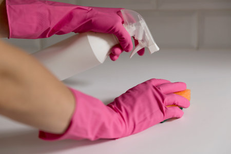 Woman cleaning kitchen counter. Household equipment, spring-cleaning, tidying up, cleaning service...