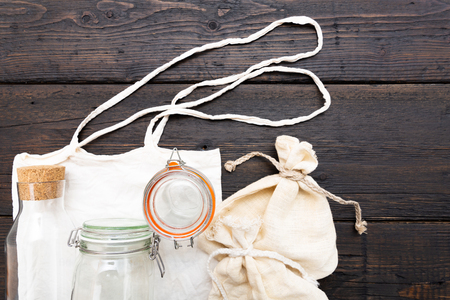 Cotton bags and glass gar for free plastic shopping. Zero waste conceptの写真素材