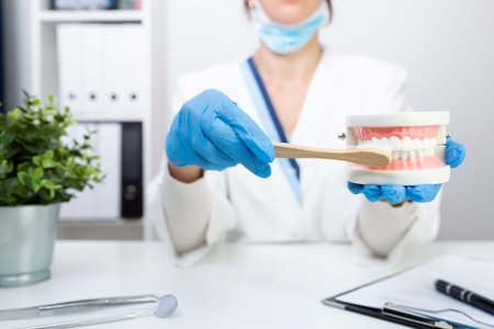 Female dentist explain about brushing teeth in clinic, holding tooth brush and teeth model. Dental...