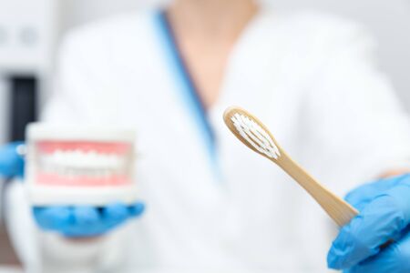 Female dentist holding professional stomatology tool and pointing at the teeth model. Dental hygiene and health conceptの写真素材