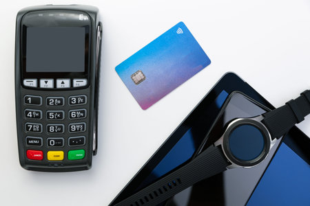 nfc payment gadgets, technology - smartwatch, smartphone, tablet, credit card and transaction...