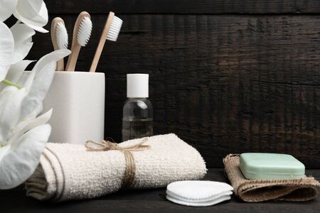 Various eco friendly spa treatment and wellness procucts. Different personal hygiene objects. Environmental awareness and beauty conceptの写真素材