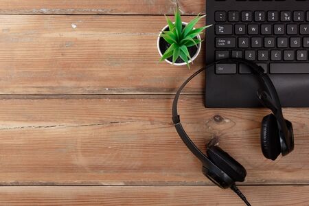 Keyboard a plants and earphones on a wooden background with microphone with copy spaceの写真素材