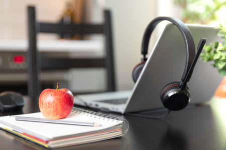 Bautifull women on a conforence call in home office in kitchen. Working from home. New normal concept.の写真素材