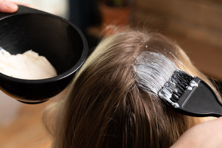 Closeup of a woman applying mask or color to another womans hair.の写真素材