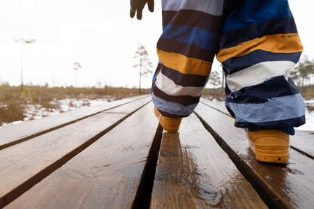 Boy child walking on a wooden pathway in a natural park. Close up of feet. Healthy active living concept.の写真素材