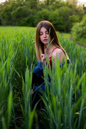 Girl with beautiful hair sitting on a green field in the rays of the setting sun. Warm spring eveningの写真素材