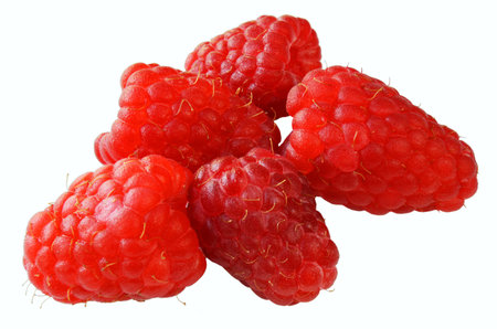 Fresh raspberries close-up on a white background, front view, isolators