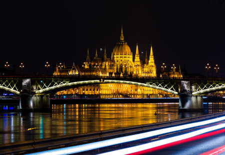 Hungary, night city Budapest, parliament on the background of the night cityの写真素材