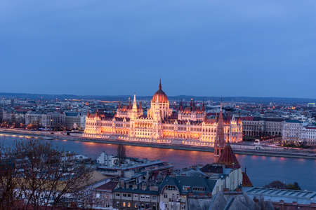 Hungary, evening twilight in Budapest, parliament on the background of night city lights, cityscapeの写真素材