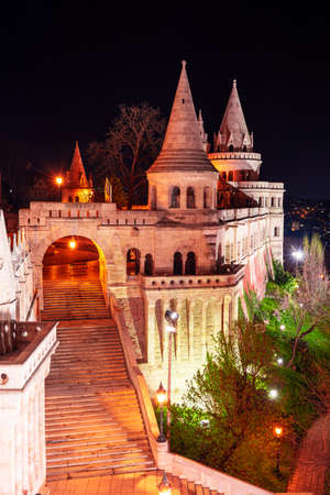 Hungary, Budapest at night, Fisherman's Bastion illuminated by lightsの写真素材