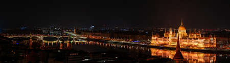 Night Budapest, Parliament against the background of the night city, reflection of lights in the river, panorama of the cityの写真素材
