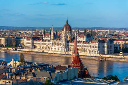 Hungary, spring cityscape of Budapest, parliament on the banks of the Danube riverの写真素材