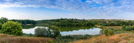 Picturesque lake among green reeds, rural landscape, panoramic shotの写真素材