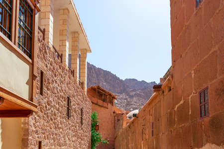 Egypt, Catherine's monastery on a bright sunny day, mountain viewの写真素材