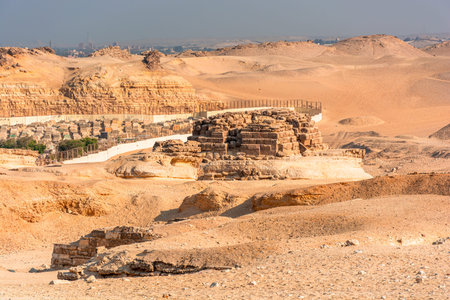 Egypt, ancient buildings in the sands of the Giza valley,