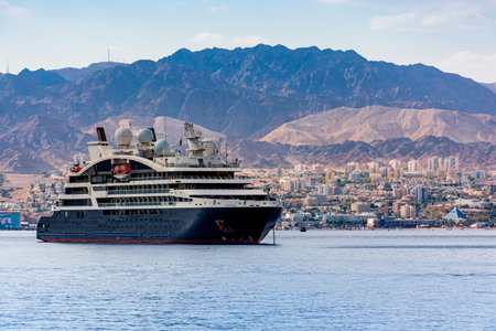 Red Sea Gulf of Aqaba, ship on the background of the city of Eilat