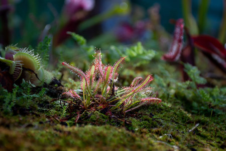 Sundew close-up representative of predator plants, front view