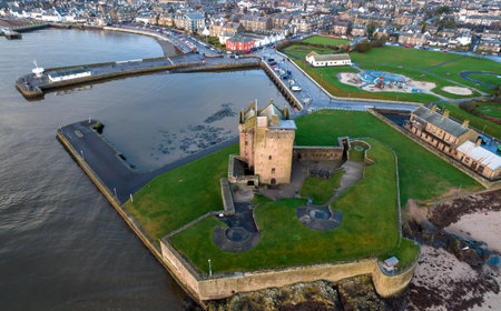 Brotie Castle on the banks of the River Tay at Brotie Ferry, Dundee, Scotland. View from aboveの写真素材