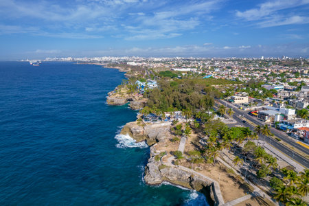 Dominican Republic Santo Domingo, beautiful Caribbean sea coast with turquoise water, top view.の写真素材