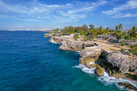 Dominican Republic Santo Domingo, beautiful Caribbean sea coast with turquoise water, top view.の写真素材