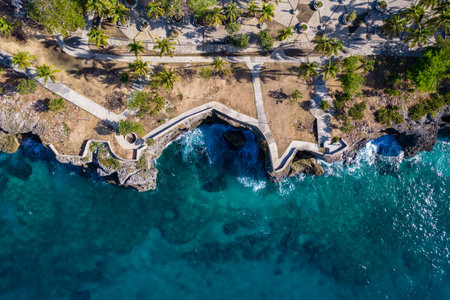 Dominican Republic Santo Domingo, beautiful Caribbean sea coast with turquoise water, top view.の写真素材