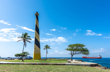 Dominican Republic Santo Domingo, beautiful Caribbean sea coast with turquoise water and palm treesの写真素材