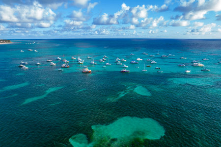 Dominican Republic Punta Cana, beautiful Caribbean sea coast with turquoise water and palm treesの写真素材