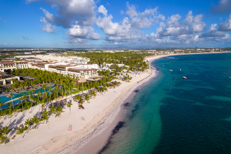 Dominican Republic Punta Cana, beautiful Caribbean sea coast with turquoise water and palm treesの写真素材