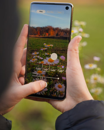 A girl or a woman in a cap photographs the autumn aura. Flowers and leaves on your mobile phone.